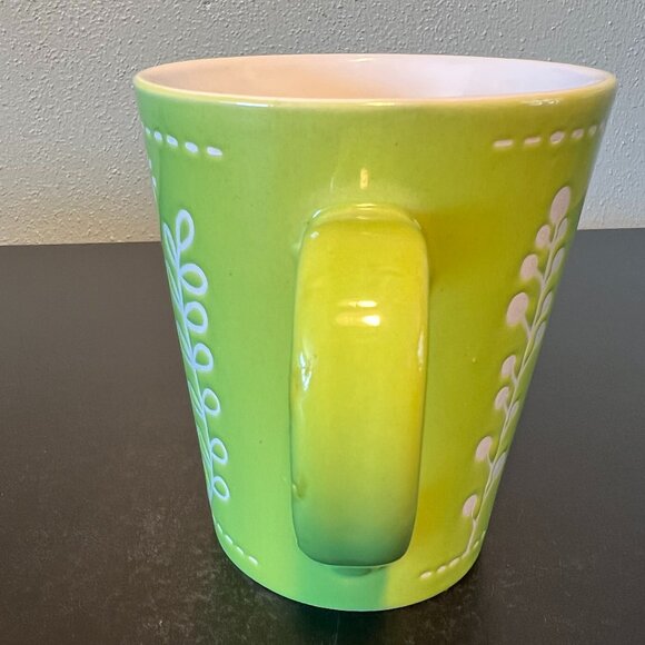 NOW DESIGNS Green Engraved Incised Partridge Dove Bird  Leaf Floral Cup Mug - Picture 7 of 13